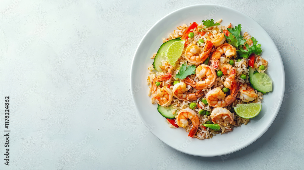 A Delicious Thai shrimp fried rice with fresh vegetables and herbs