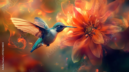 A hummingbird hovering near a vibrant flower, surrounded by abstract bursts of color and light, symbolizing precision and beauty in nature. 