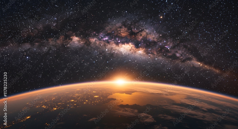 Milky way and Earth with sunrise visible in one frame Milky way and Earth with sunrise visible in one frame
