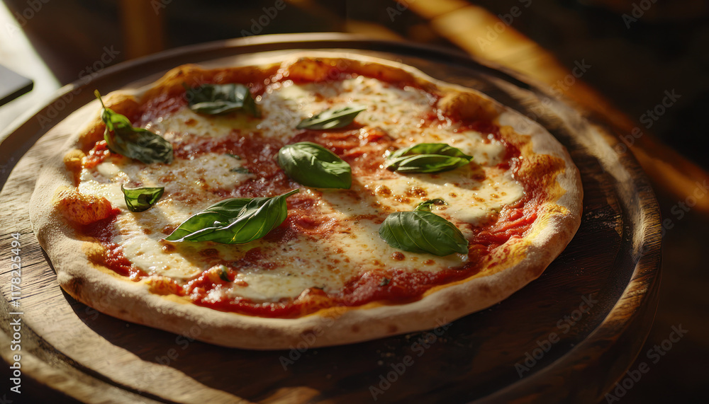 A Delicious pizza with fresh mozzarella and basil leaves on wooden board A Delicious pizza with fresh mozzarella and basil leaves on wooden board