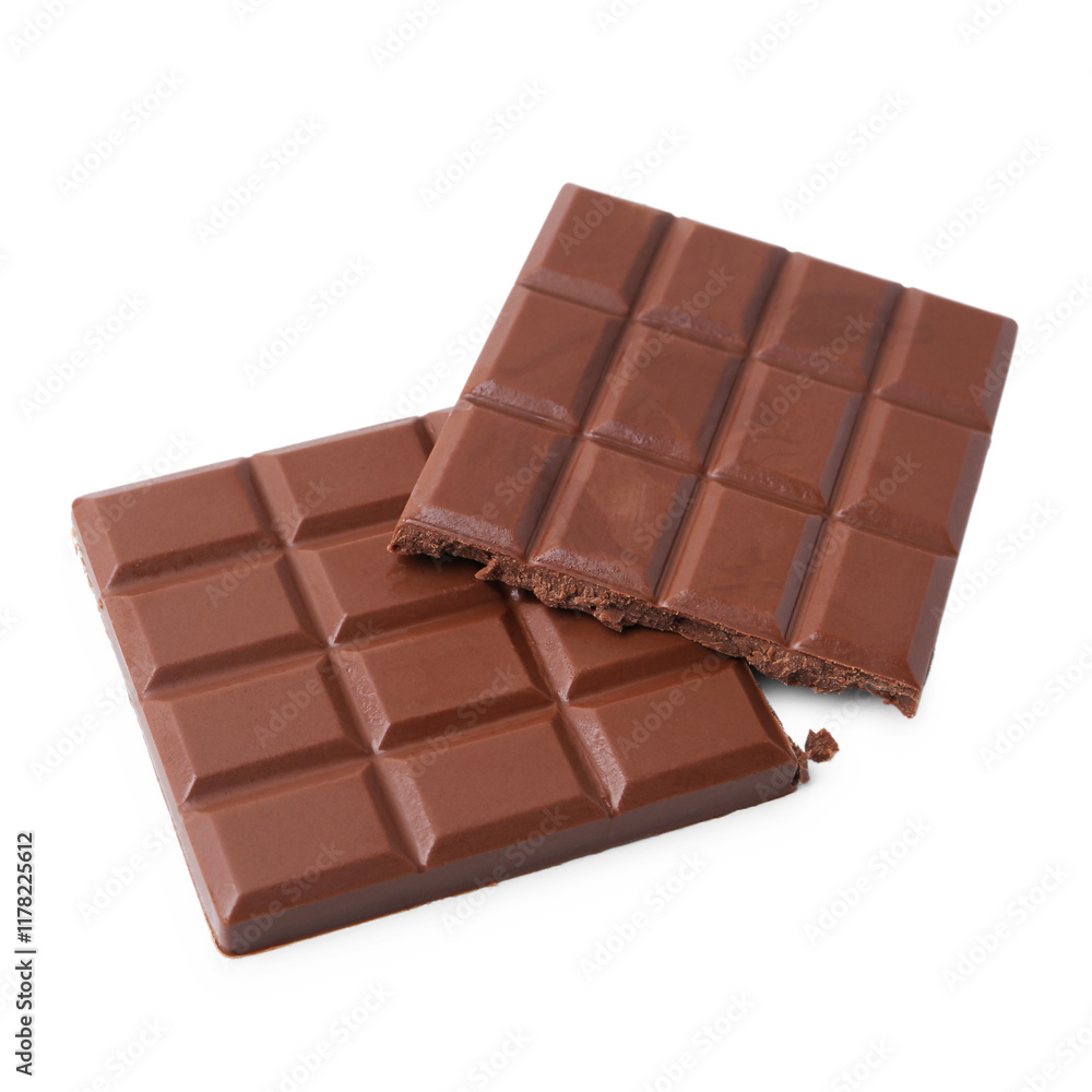 Pieces of delicious milk chocolate isolated on white Pieces of delicious milk chocolate isolated on white