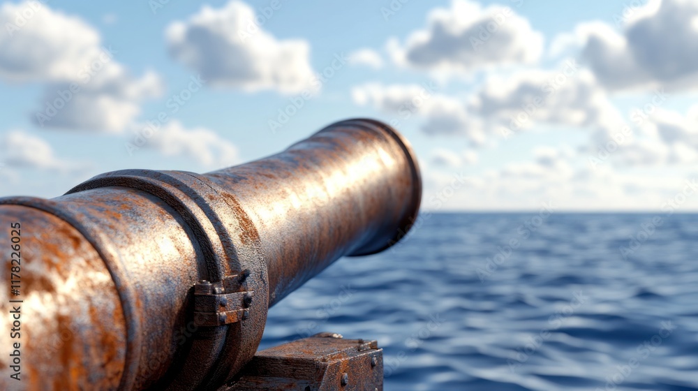 Rusty cannon overlooking a calm sea under a cloudy sky. Rusty cannon overlooking a calm sea under a cloudy sky.