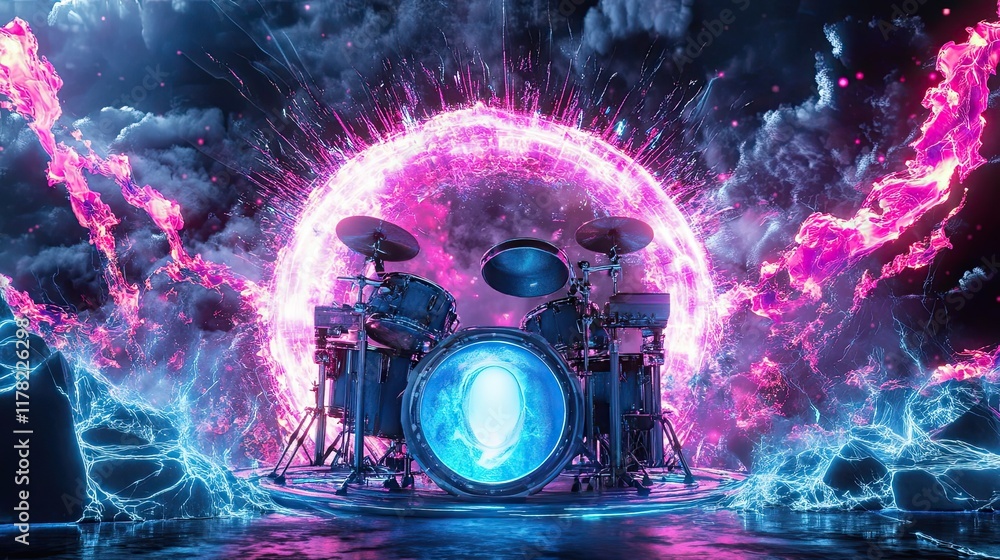 Obraz premium Neon Drum Kit Within A Glowing Cosmic Portal