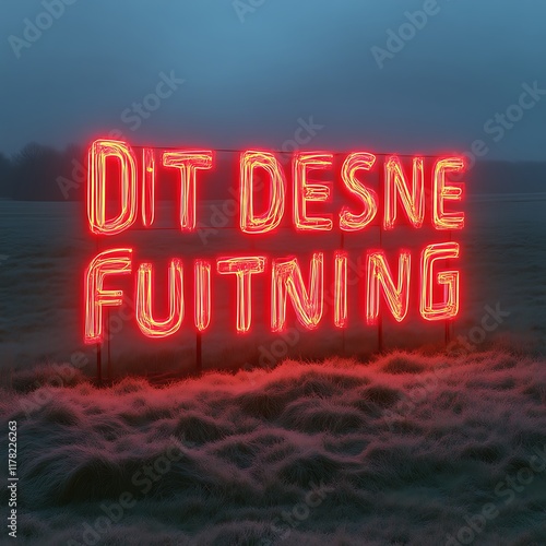 Glowing Neon Sign: 'Dit Desne Fuitning' in a Mystical Field photo