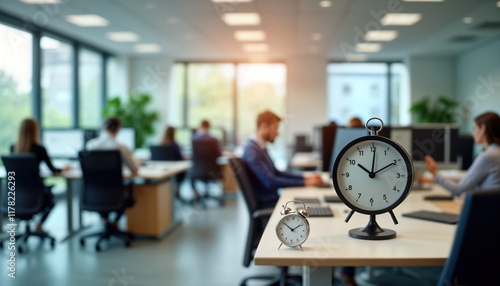 Office employees adjust desk clocks, computers. Businesspeople work at desks. Modern office interior. Daylight shines through large windows. Busy workday atmosphere. Time management theme. Focus on
