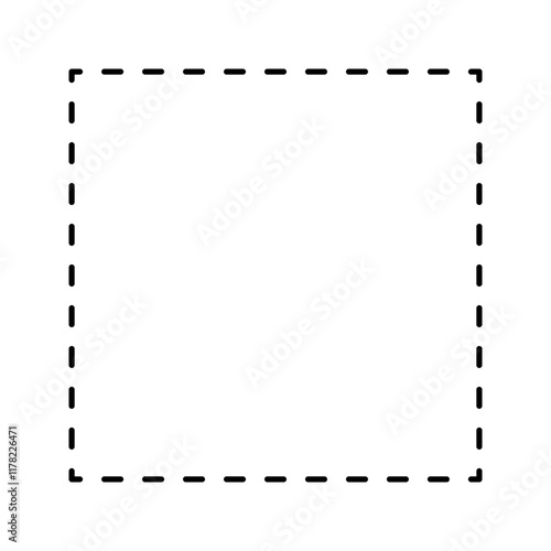 Dotted square form isolated on white background. Basic geometric shape with dashed stitches line. Cut here pictogram for coupon or discount. Vector outline illustration.
