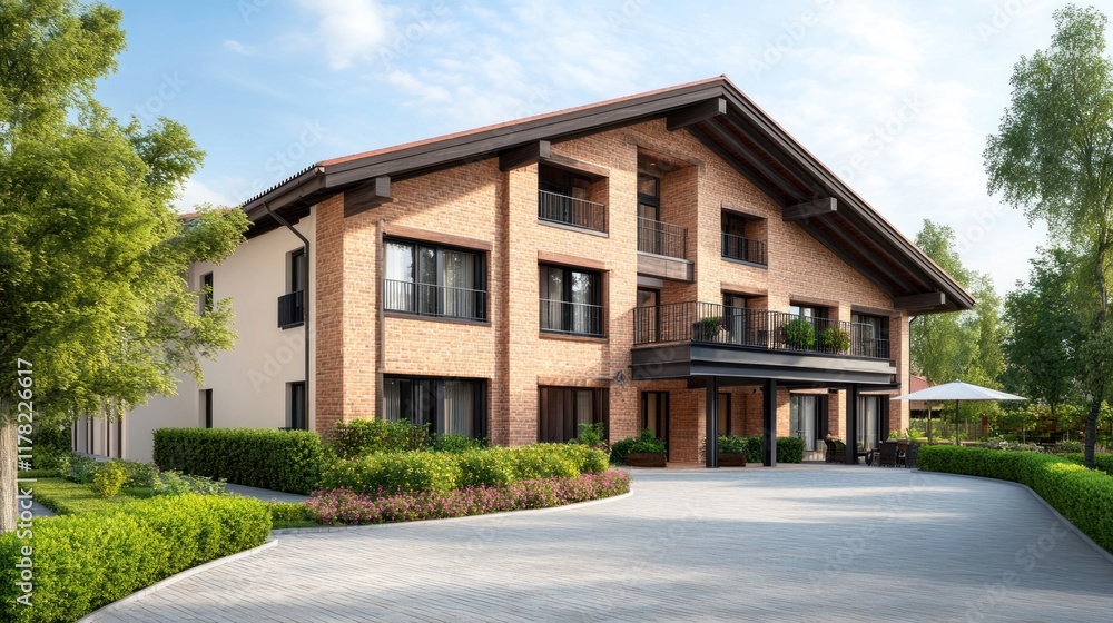 Modern brick house with landscaped garden and driveway. Modern brick house with landscaped garden and driveway.