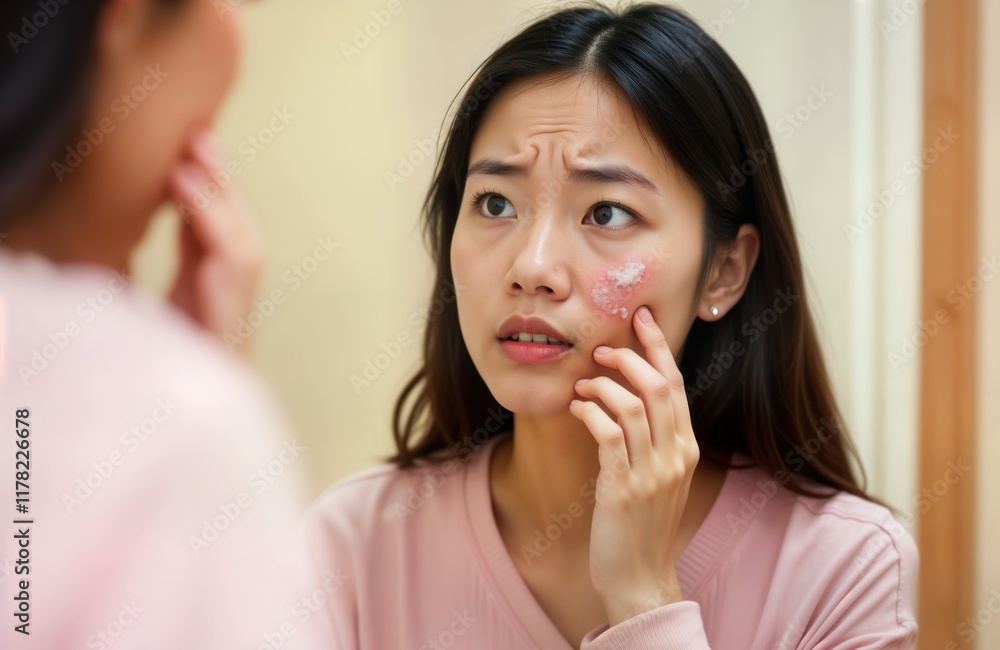 Young asian woman looks worried in mirror. Touches spot on cheek. Skin problem like melasma allergy visible. Feels concern about facial skin. Woman examines face in bathroom. Skincare issue seen. Young asian woman looks worried in mirror. Touches spot on cheek. Skin problem like melasma allergy visible. Feels concern about facial skin. Woman examines face in bathroom. Skincare issue seen.