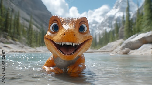 Playful Dinosaur in Mountain Stream: A Cheerful Animated Scene photo