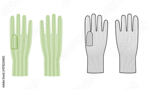 Knit Wool Gloves Elbow length light green cartoon and flat sketch Fashion hand accessory clothing technical illustration garment. Vector for Men women unisex style flat template CAD white background