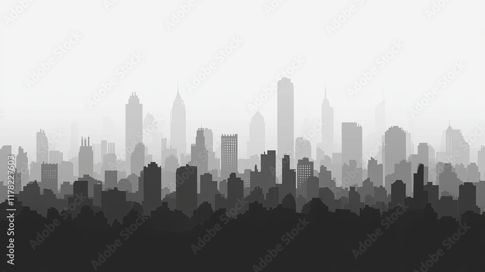 Naklejka premium Black and White City Skyline Silhouette with Foggy Background