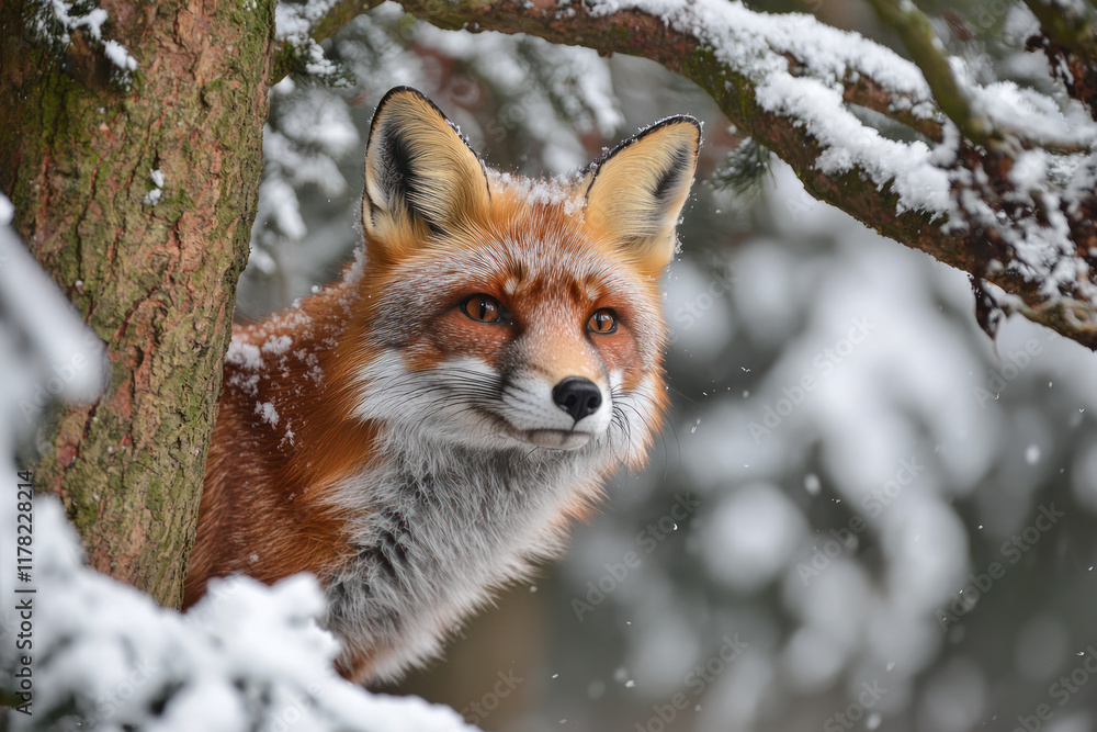 A fox peeks through snowy woodland canopy, showcasing its vibrant fur A fox peeks through snowy woodland canopy, showcasing its vibrant fur