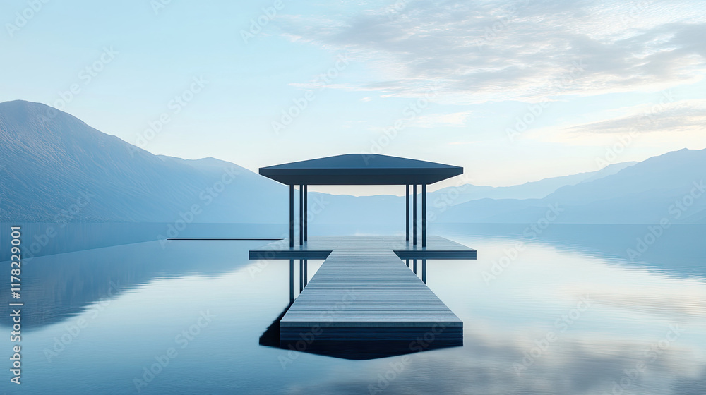 Serene Modern Dock on Calm Water with Mountains in Background Serene Modern Dock on Calm Water with Mountains in Background