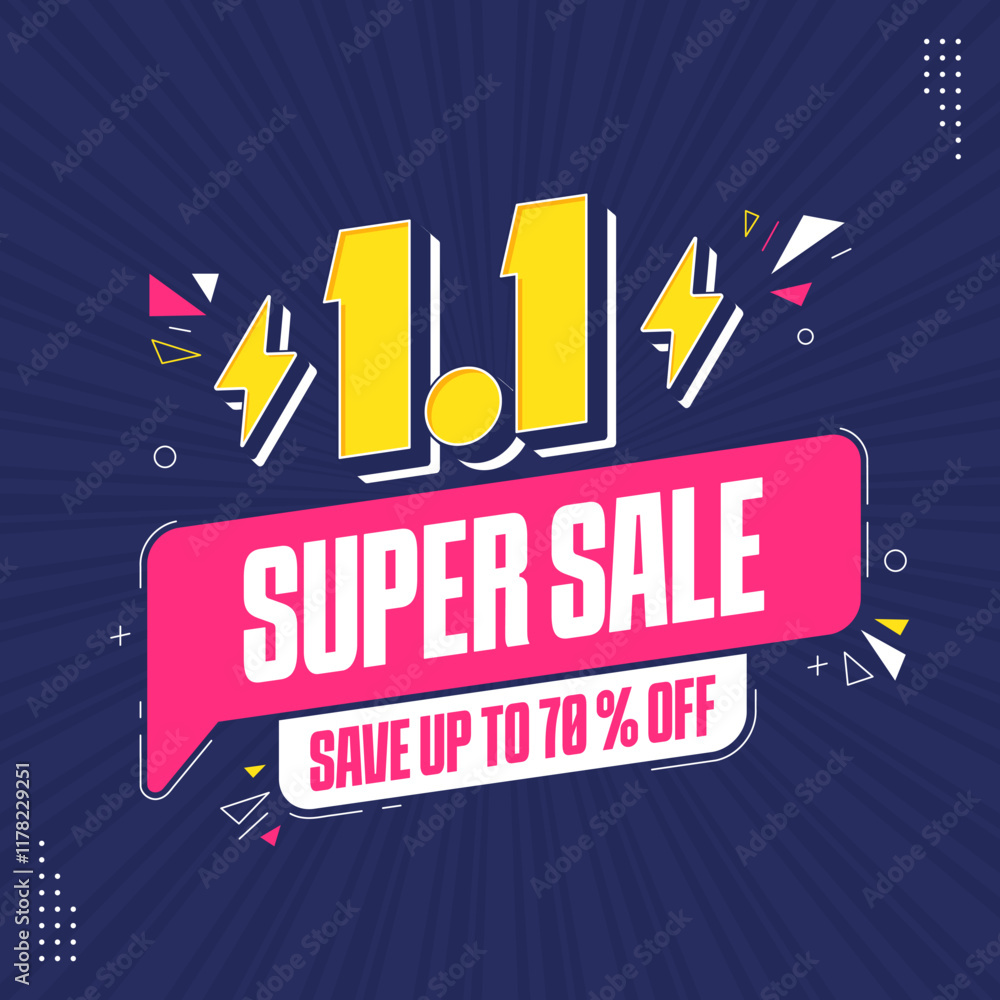 Fototapeta premium 1.1 super sale promo banner with discount offer. 1.1 discount flash sale background. Flash sale special offer banner for social media post or website banner. Flash sale campaign