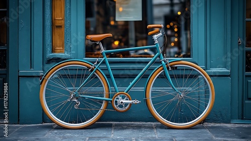 Teal bicycle leans against a teal building photo