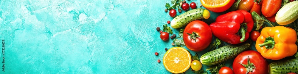 Vibrant arrangement of fresh vegetables and fruits on textured green background Vibrant arrangement of fresh vegetables and fruits on textured green background