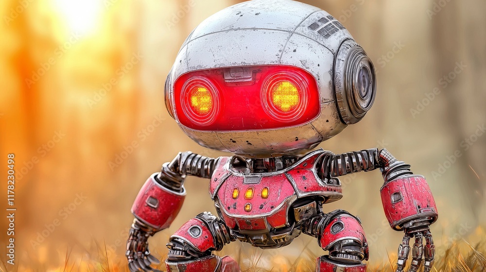 Cute and Playful Robot with Red Eyes in a Forest Setting with Soft Light Cute and Playful Robot with Red Eyes in a Forest Setting with Soft Light
