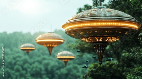 Futuristic Flying Saucers Above Lush Green Forest Landscape with Vibrant Lights photo