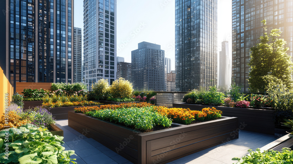 Fototapeta premium Urban Rooftop Garden with Lush Vegetation and Skyscraper View
