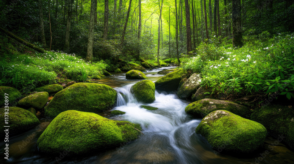 Tranquil Forest Stream with Lush Greenery and Gentle Flowing Water Tranquil Forest Stream with Lush Greenery and Gentle Flowing Water