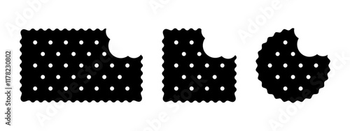 Set of bitten cracker icons. Sweet or salty biscuit cookies in rectangle, square and round shapes. Popular crunchy snacks isolated on white background. Vector graphic illustration.
