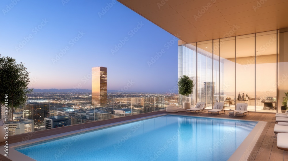 Naklejka premium Luxurious rooftop pool with city skyline view at dusk.