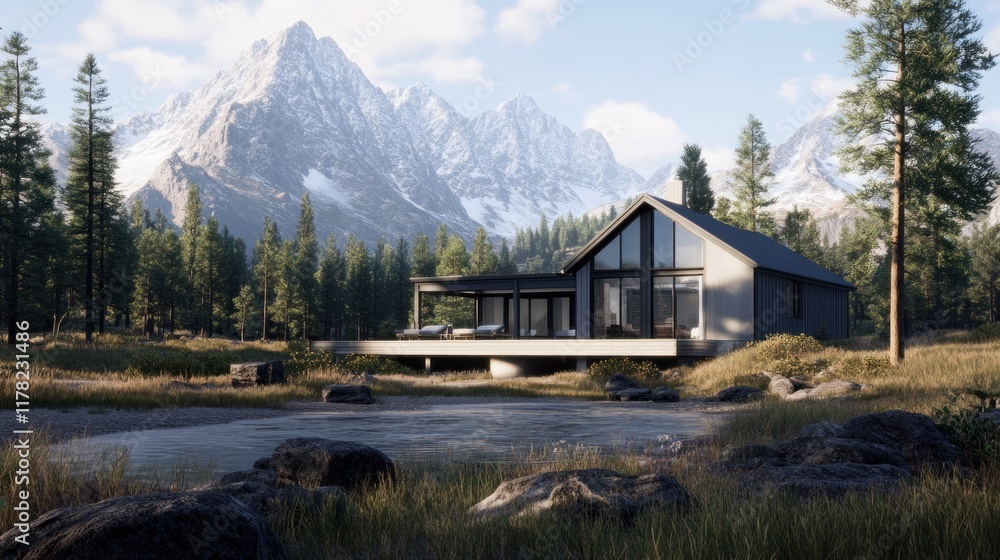 Fototapeta premium Modern house in a serene mountain landscape with lush greenery.