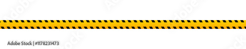 Caution barricade tape with black and orange print. Barrier in quarantine site, construction work area or criminal police scene. Warning, stop, attention or forbidden sign. Vector flat illustration.