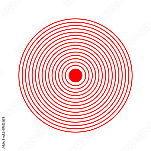 Red concentric circles. Vibration, radiation, coverage or localization icon. Sore or inflammation symbol. Pain, pulse or ache sign. Shockwave, radar or sound signal pictogram. Vector illustration.