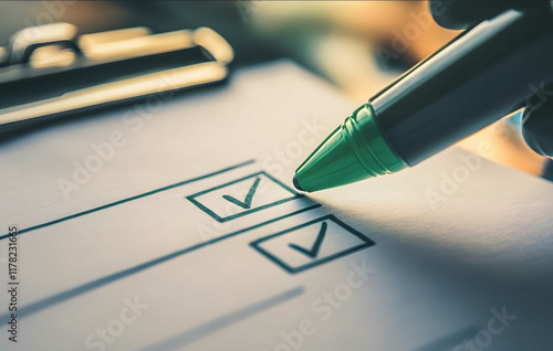 Closeup of a green marker ticking a box in a checklist Detailed illustration highresolution photography