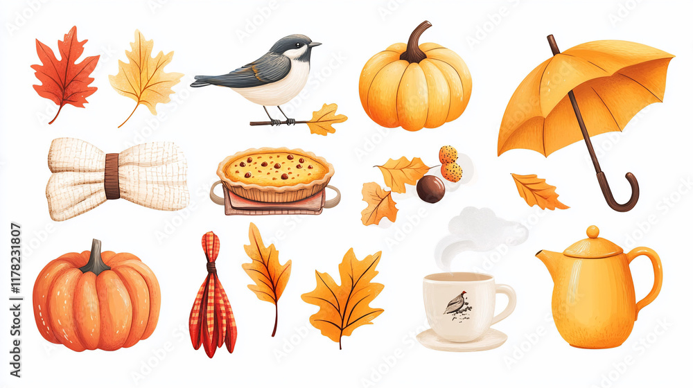 Autumn elements pumpkins, leaves, bird, pie, tea, umbrella, sweater. Autumn elements pumpkins, leaves, bird, pie, tea, umbrella, sweater.