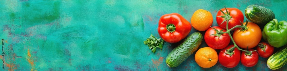 Fresh vegetables and fruits on a vibrant green background for healthy eating promotion Fresh vegetables and fruits on a vibrant green background for healthy eating promotion