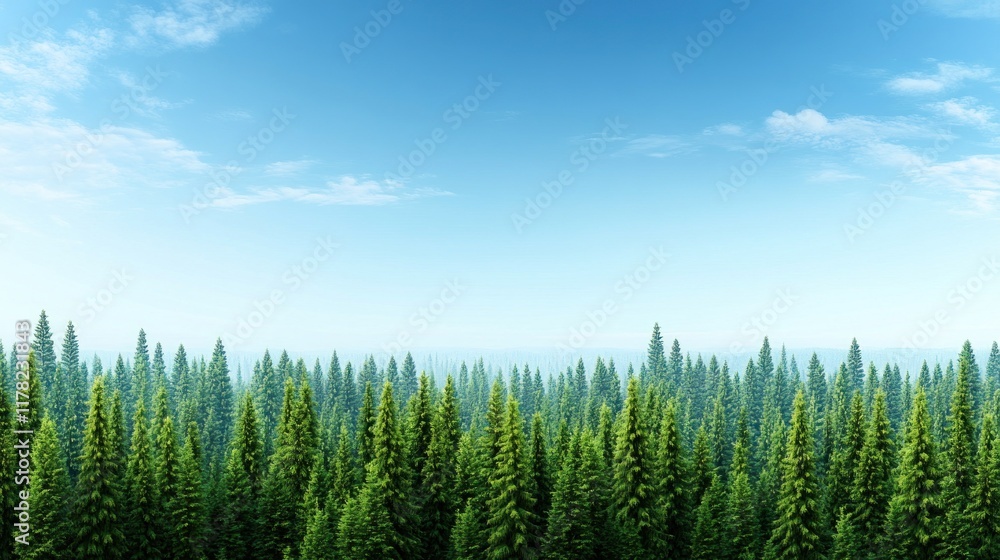 Naklejka premium Lush green forest under a clear blue sky.