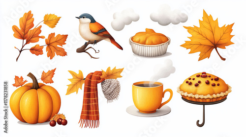 Autumn elements leaves, pumpkin, pie, bird, coffee, scarf.