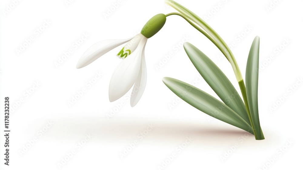 Obraz premium A delicate snowdrop flower with green leaves on a white background.