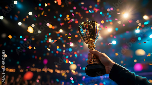 A person handing over a trophy to someone on a stage with confetti photo