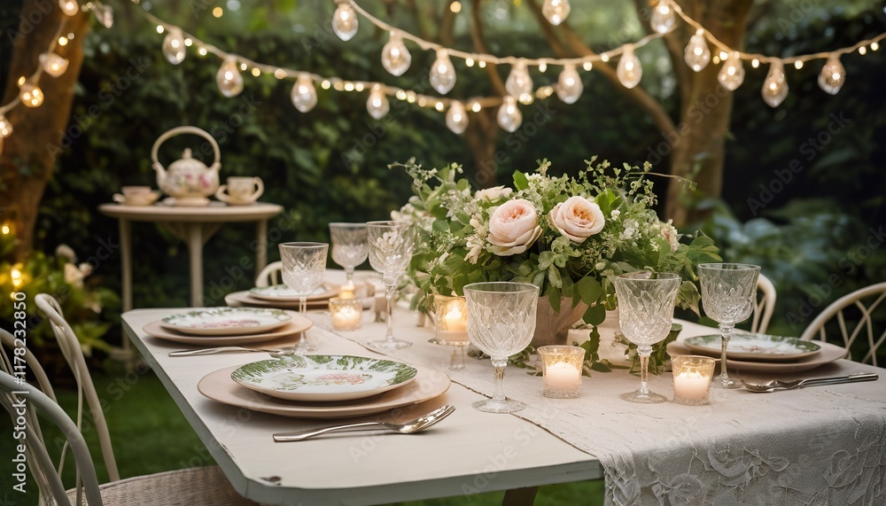 Romantic garden dinner party setting at dusk, featuring a table elegantly set with floral centerpiece, delicate tableware, and fairy lights strung overhead. Romantic garden dinner party setting at dusk, featuring a table elegantly set with floral centerpiece, delicate tableware, and fairy lights strung overhead.