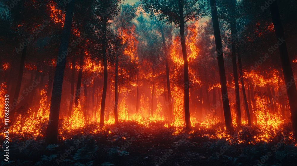 A lush forest engulfed in flames, with vivid reds and oranges representing a wildfire, while contrasting with the serene blues of the sky above, highlighting the destructive beauty of nature. A lush forest engulfed in flames, with vivid reds and oranges representing a wildfire, while contrasting with the serene blues of the sky above, highlighting the destructive beauty of nature.