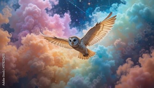 Serene Owl in Flight: A Dreamlike Pastel Sky photo