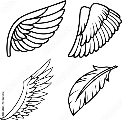 Angel wings vector set. Winged abstract emblems drawn with coloring page