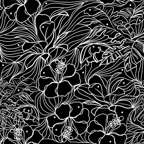 Seamless floral pattern with hibiscus flowers in laced style vector illustration 