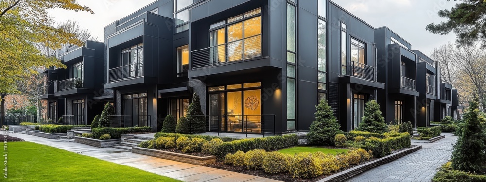 Modern black house, minimalist architecture, large windows, evening lighting, lush green lawn, contemporary design, residential neighborhood, cloudy sky, exterior view, sleek facade, geometric shapes, Modern black house, minimalist architecture, large windows, evening lighting, lush green lawn, contemporary design, residential neighborhood, cloudy sky, exterior view, sleek facade, geometric shapes,