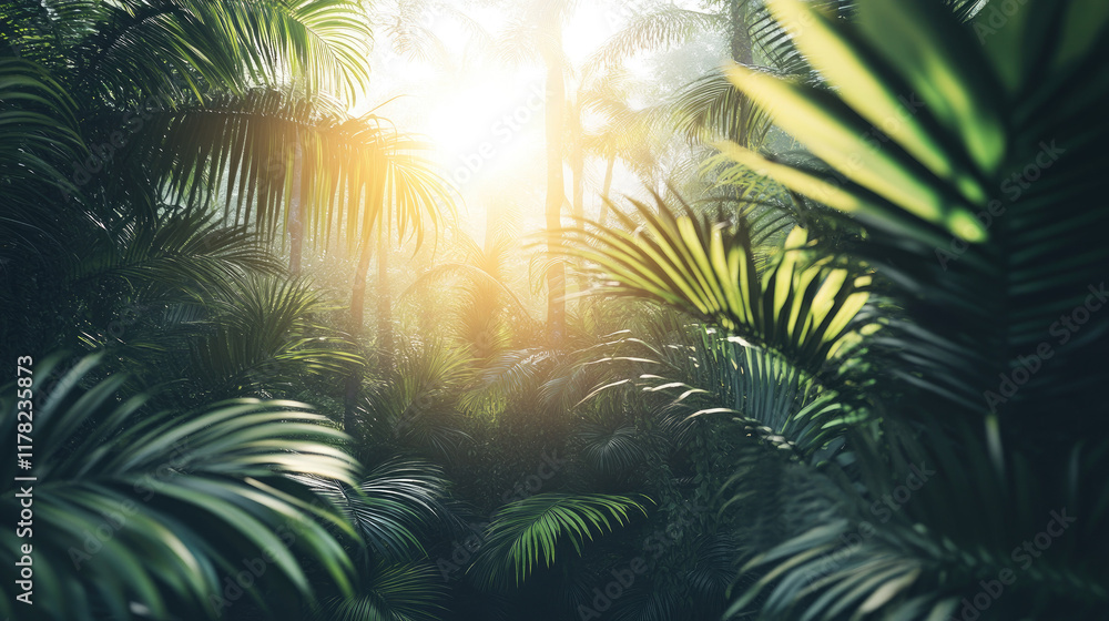 Lush Green Tropical Forest with Sunlight Streaming Through Leaves Lush Green Tropical Forest with Sunlight Streaming Through Leaves