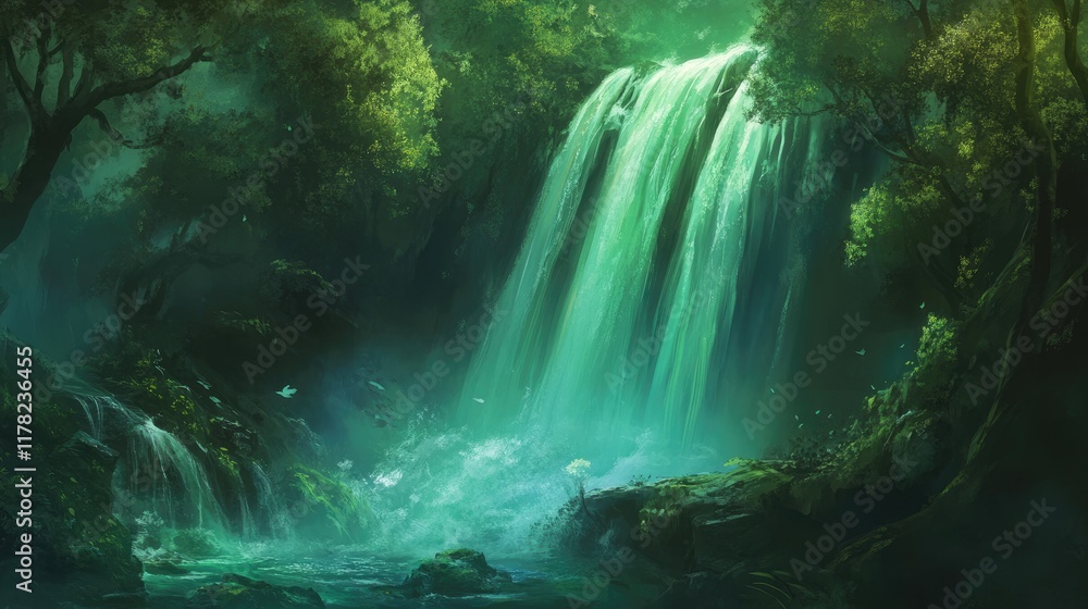 A beautiful, mystical green waterfall flowing through an enchanted forest, with vibrant greenery surrounding it, creating an ethereal and hidden oasis A beautiful, mystical green waterfall flowing through an enchanted forest, with vibrant greenery surrounding it, creating an ethereal and hidden oasis