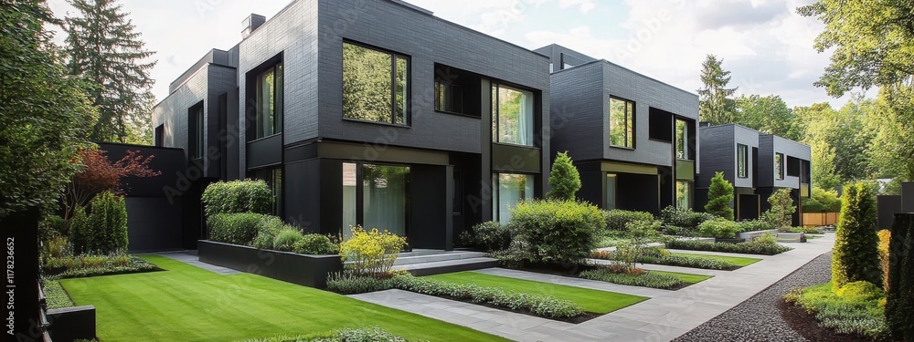 Fototapeta premium Modern duplex house, black exterior, large windows, minimalist architecture, lush green lawn, mature trees, suburban setting, symmetrical design, clean lines, contemporary home, landscaped front yard,