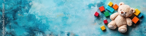 Colorful kids toys arranged on a soft blue background for playful inspiration and creativity