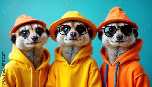 Three meerkats wear trendy yellow and orange hoodies and caps with sunglasses. Animals pose against blue background. Stylish animals. Cute and colorful fashion. Modern animal style.