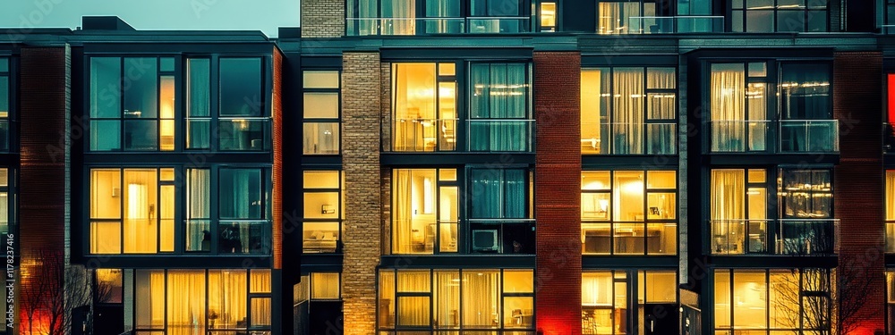 Modern apartment building, illuminated windows at dusk, geometric facade, warm glow, urban living, panoramic view, contemporary architecture, glass balconies, reflective surfaces, residential complex, Modern apartment building, illuminated windows at dusk, geometric facade, warm glow, urban living, panoramic view, contemporary architecture, glass balconies, reflective surfaces, residential complex,