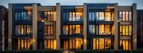 Wallpaper Mural Modern apartment building, illuminated windows at dusk, geometric facade, warm glow, urban living, panoramic view, contemporary architecture, glass balconies, reflective surfaces, residential complex, Torontodigital.ca