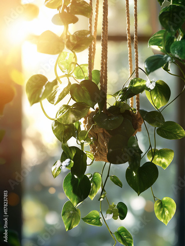 Sunlit hanging plant with heart-shaped leaves in a macrame planter. photo